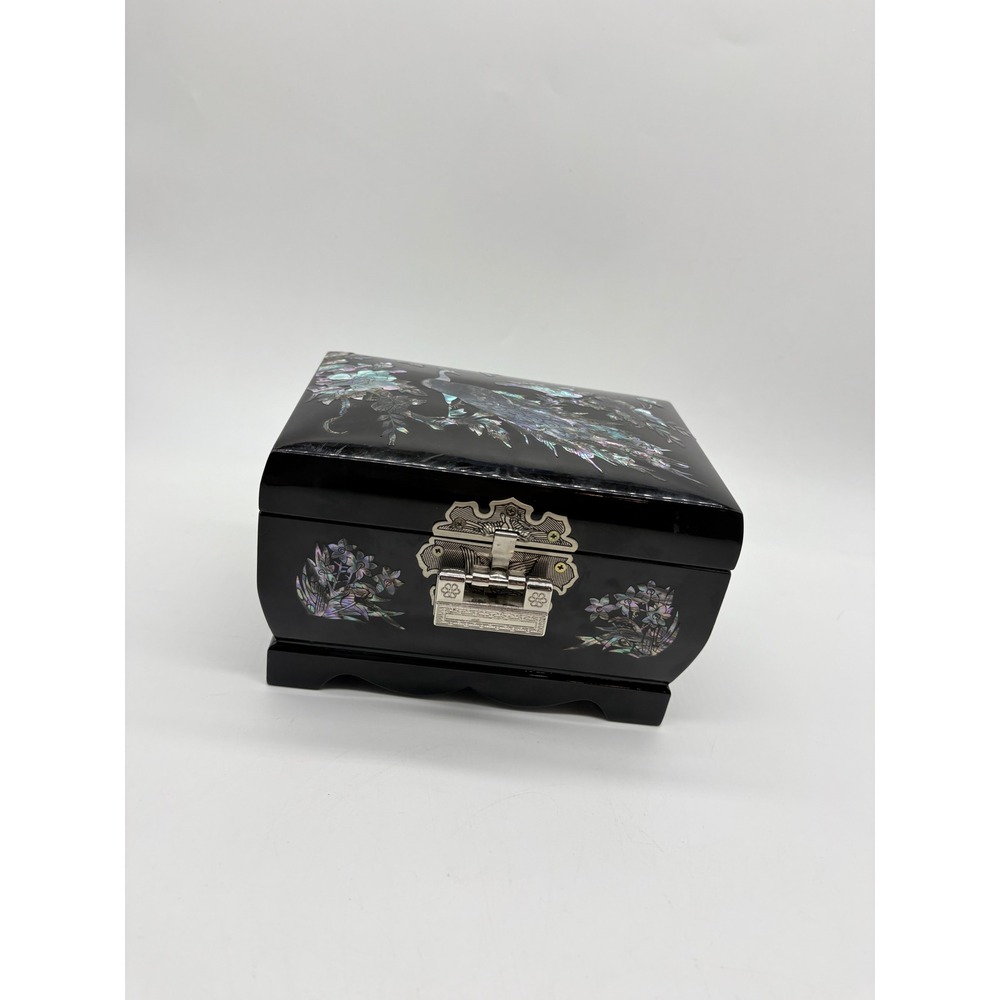 Vintage Korean Mother of Pearl Abalone Black Lacquer Peacock Music Jewelry Box